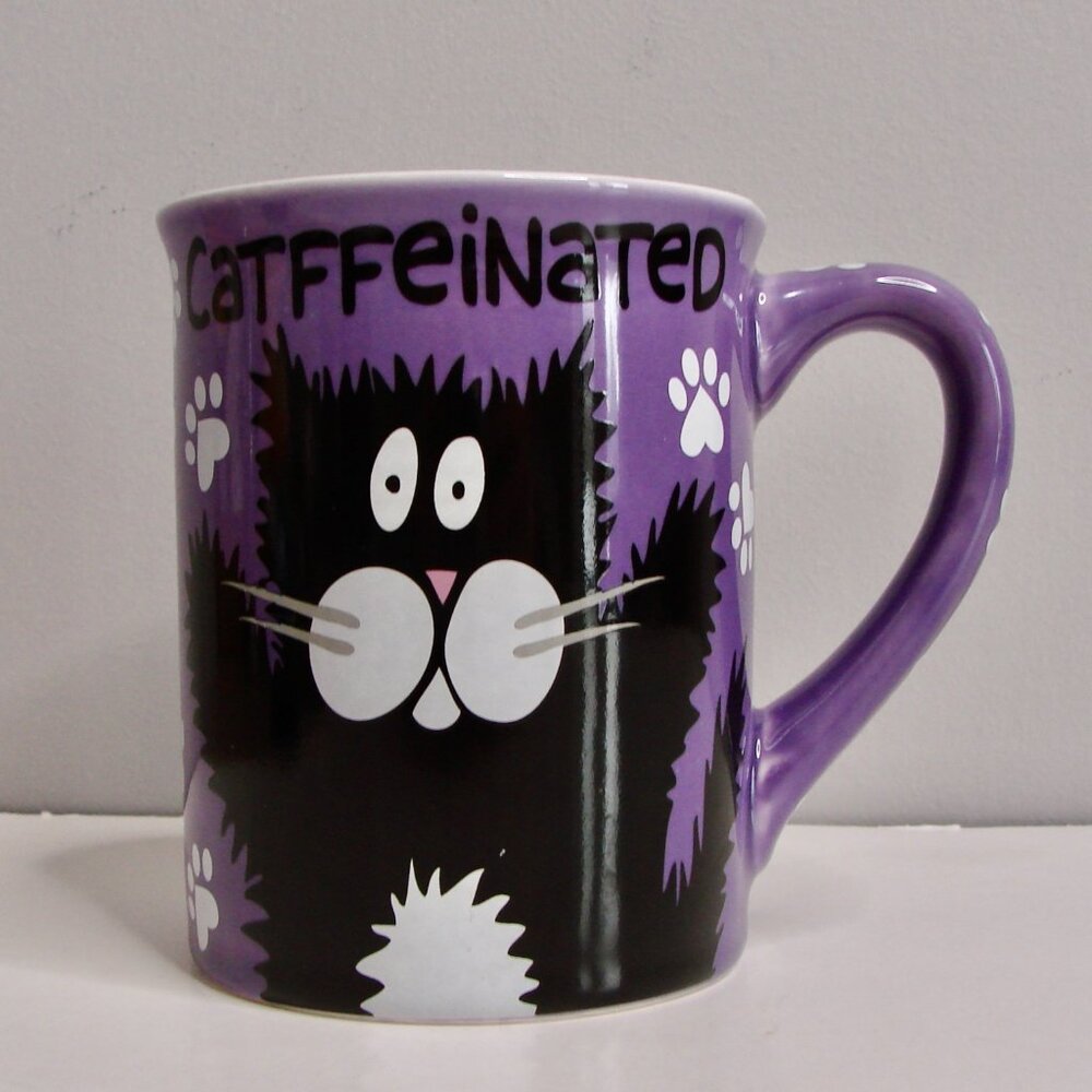 Black Cat Coffee Tea Mug Purple Catffeinated Paws Our Name is Mud Lorrie Veasey